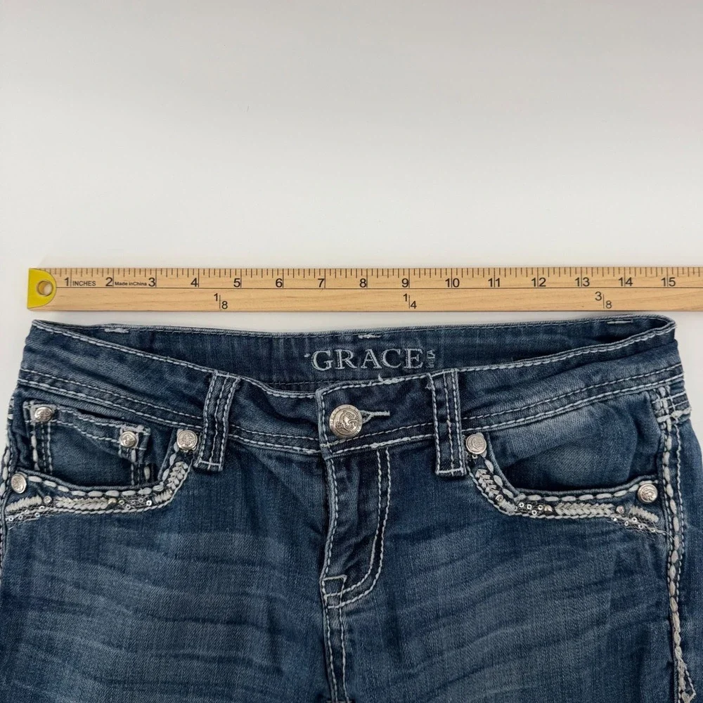 Grace in LA Bootcut Jeans Womens 27‎ Blue Medium Wash Embroidered Sequin Bling